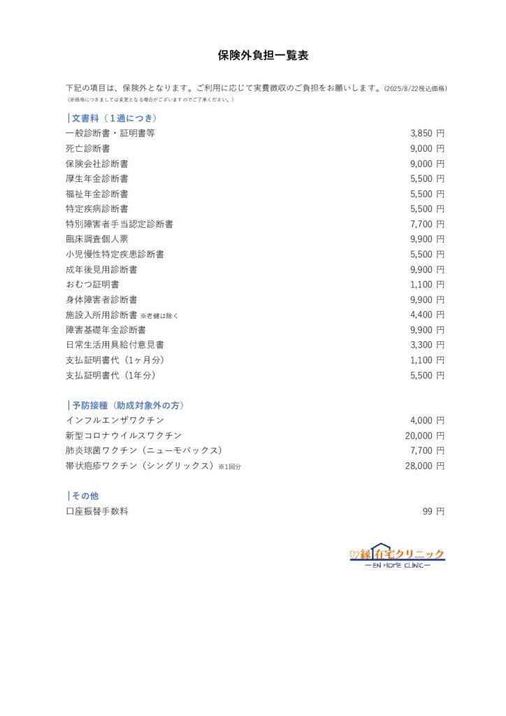 保険外負担料金（自費）一覧